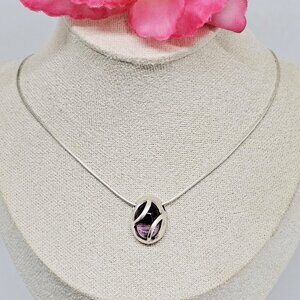 925 Sterling Silver - SMW Oval Purple Crystal Pendant Chain Choker Necklace 16"